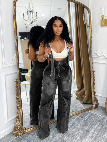 Loose High Waisted Zipper Denim Cargo Jumpsuits