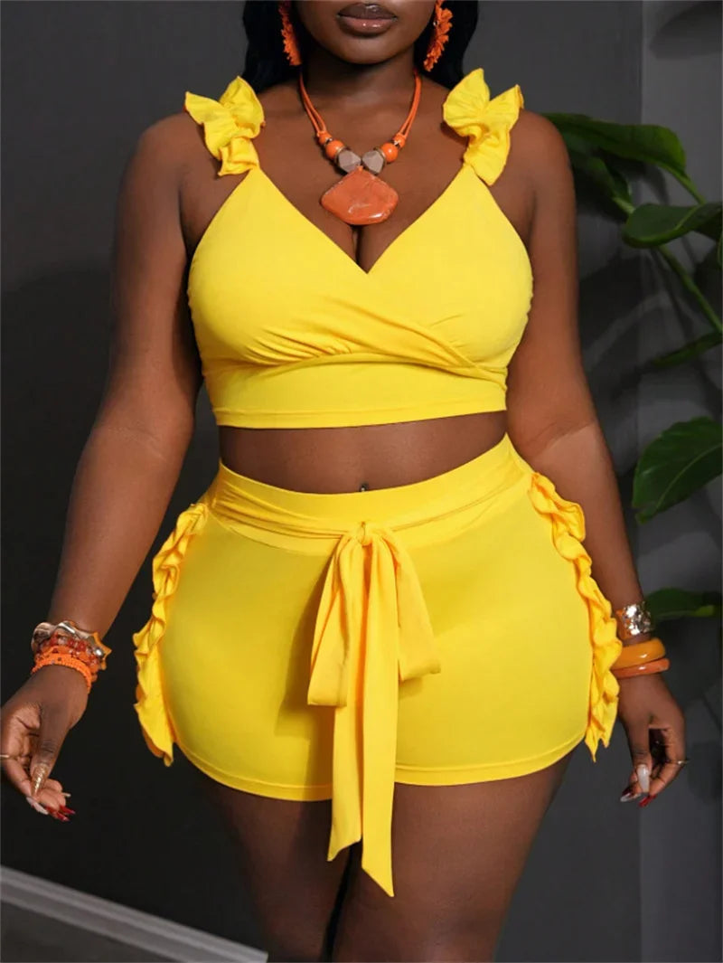 Ruffles V-neck Tank Crop Top and Lace-up Short Sets