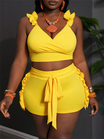 Ruffles V-neck Tank Crop Top and Lace-up Short Sets
