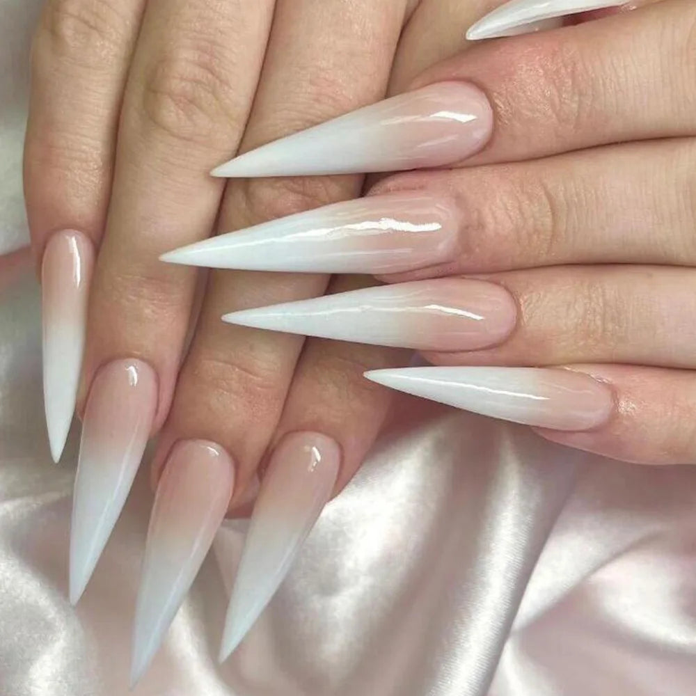 24Pc Long Stiletto Press on Nails Cherry Pink French False Nails with 3D Bow Pearls Design Detachable Acrylic Fake Nail Art Tips