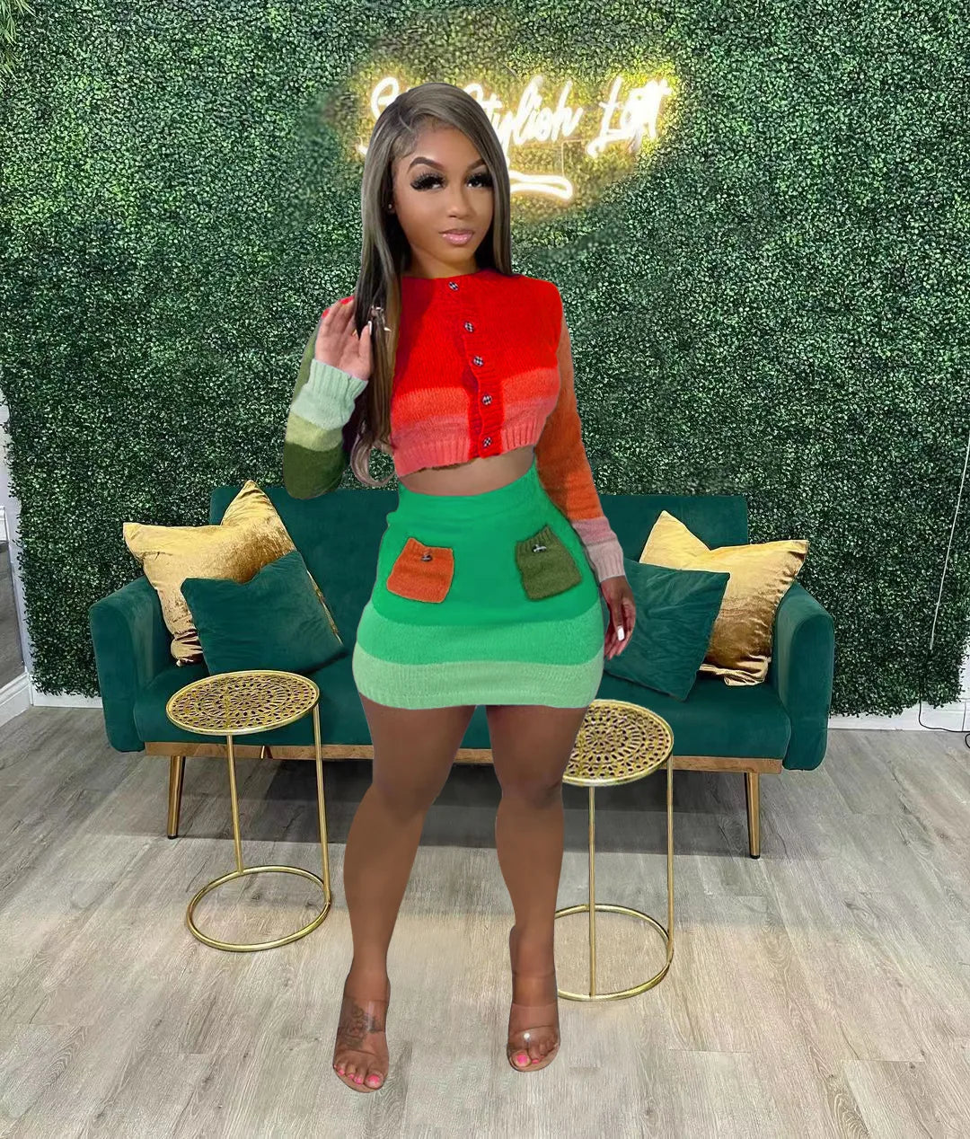 Natalia Button Long Sleeve Crop Top And Skirt Sets