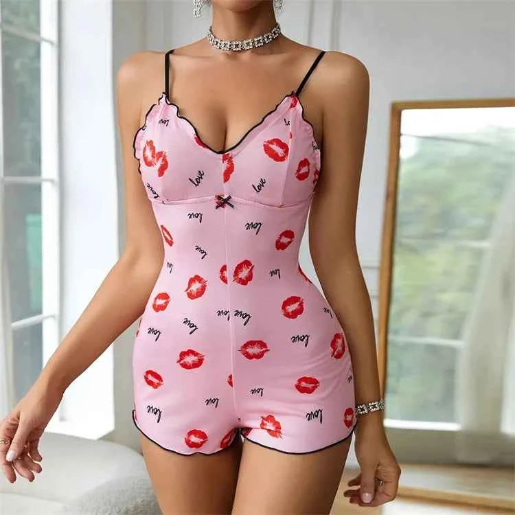 One Piece Red Lip Printed Sleeveless Night Onsie