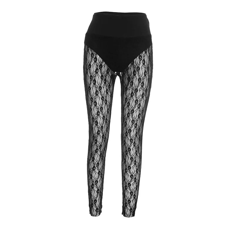 Joskaa Women's Jacquard  Lace Leggings Patchwork Sexy See Through High Waist Pencil Pants Female Bottoms Midnight Party Clubwear