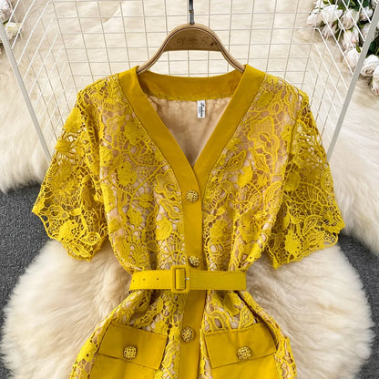 Floral Lace Dress V Neck High Waist Maxi Dresses