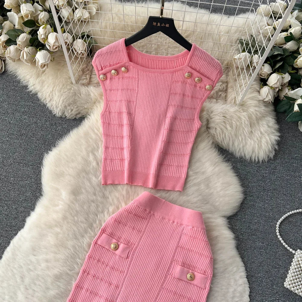 Knitted 2 Pcs. Buttons Crop Top Tanks + Slit Midi Skirt Set