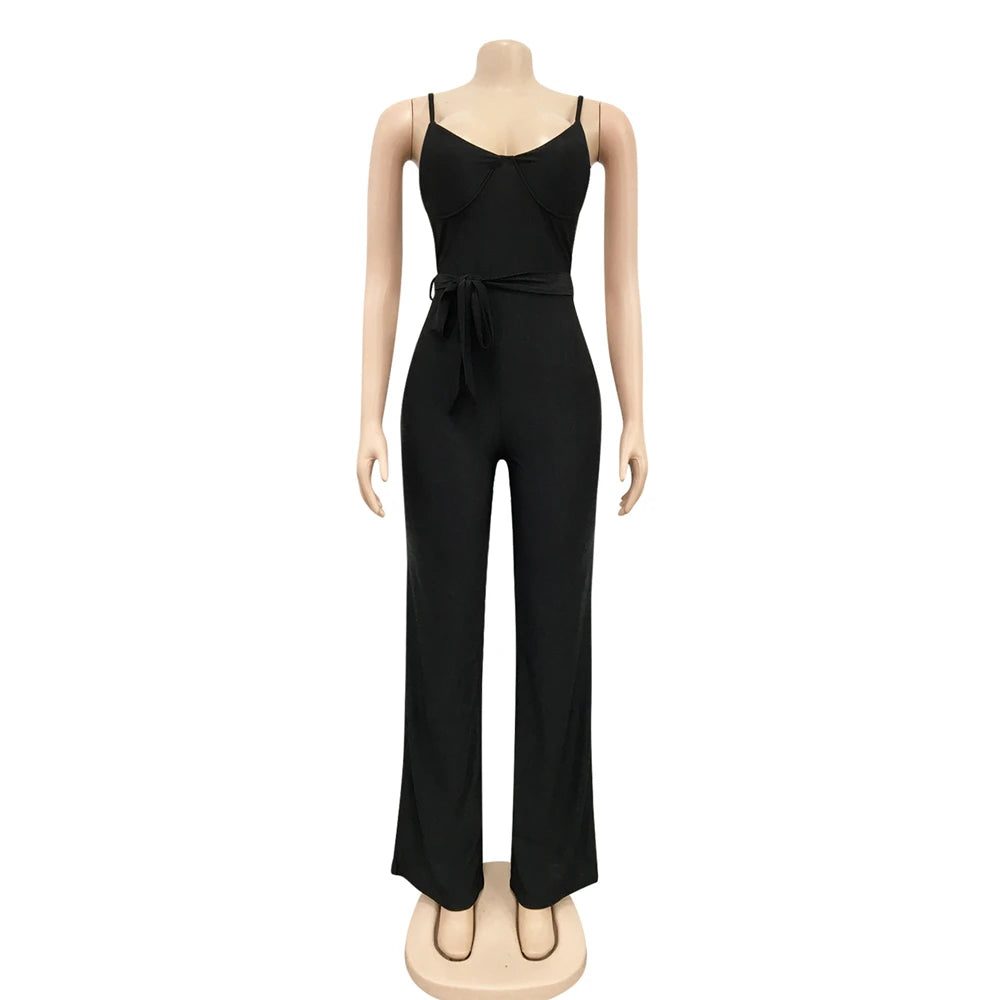 Rachel High Waisted Wide Leg Pants One Piece Sleeveless Jumpsuit with Belt