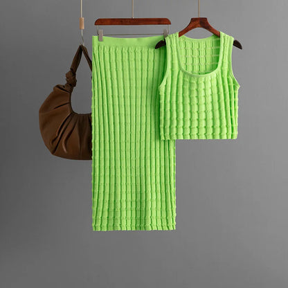 Knit Long Skirts + Straight Casual Spliced Round Neck Vest Sleeveless Tanks Sets