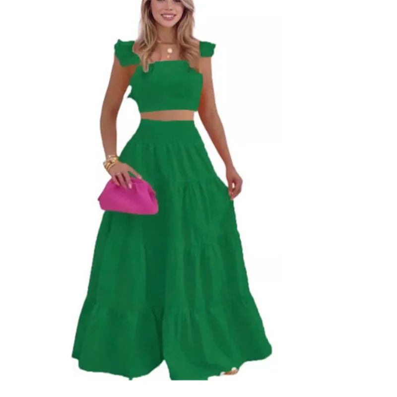 Solid Color Large Swing Skirt + Short Sleeved Square Neck Top (2pcs)
