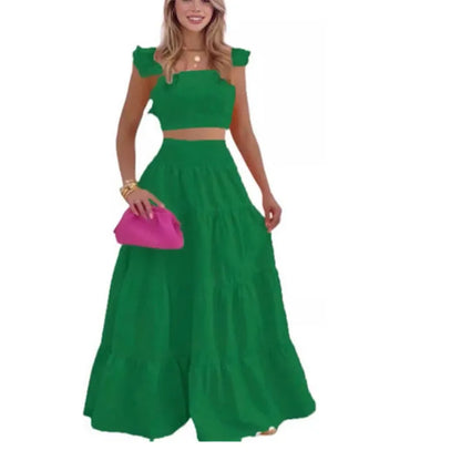 Solid Color Large Swing Skirt + Short Sleeved Square Neck Top (2pcs)