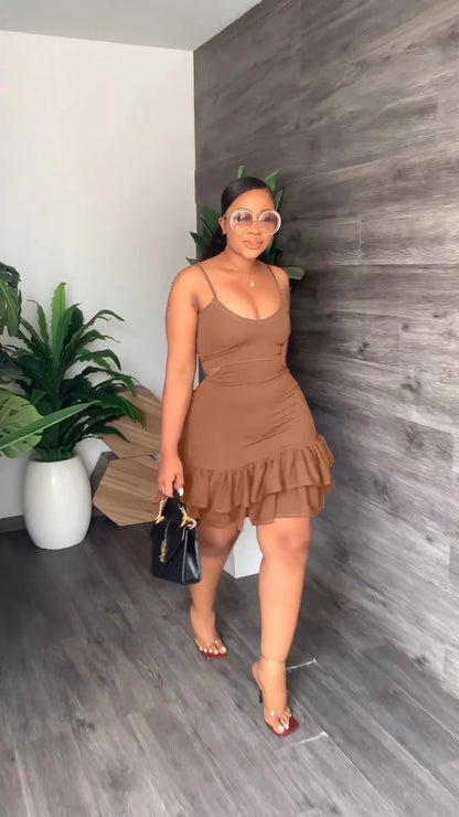 European and American Fashion Sling Low-cut Ruffled Mini Dress
