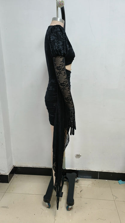 High Quality Lace Draped Bodycon Mini Dress + Gloves