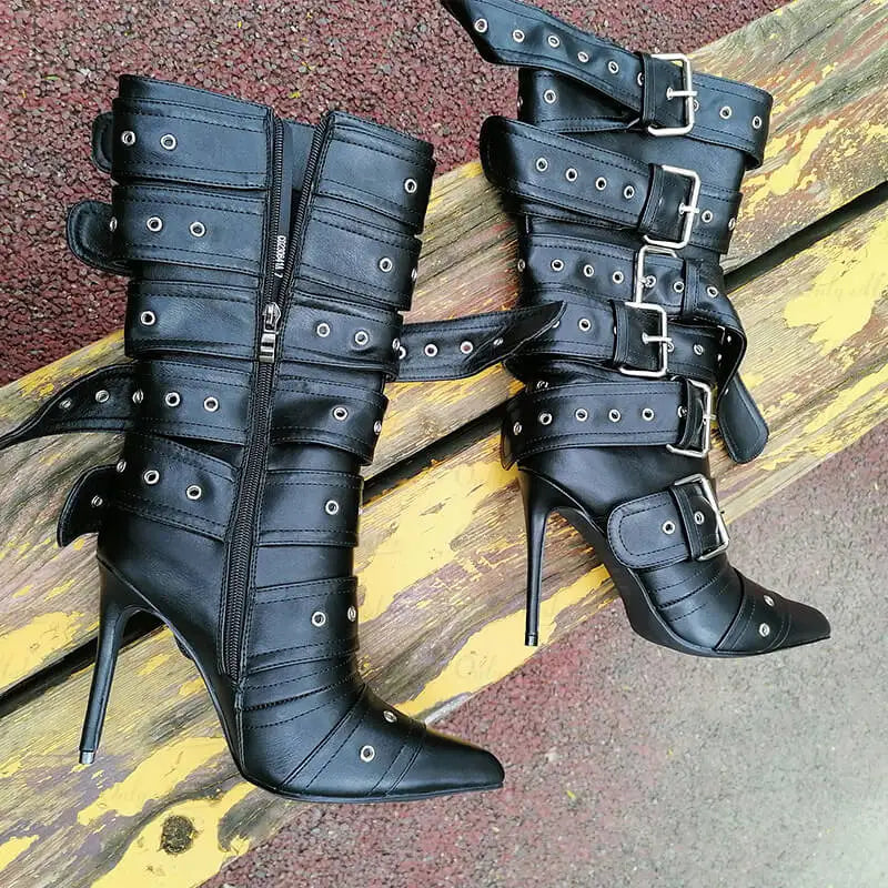 Mid-Calf Buckle Stiletto Boots