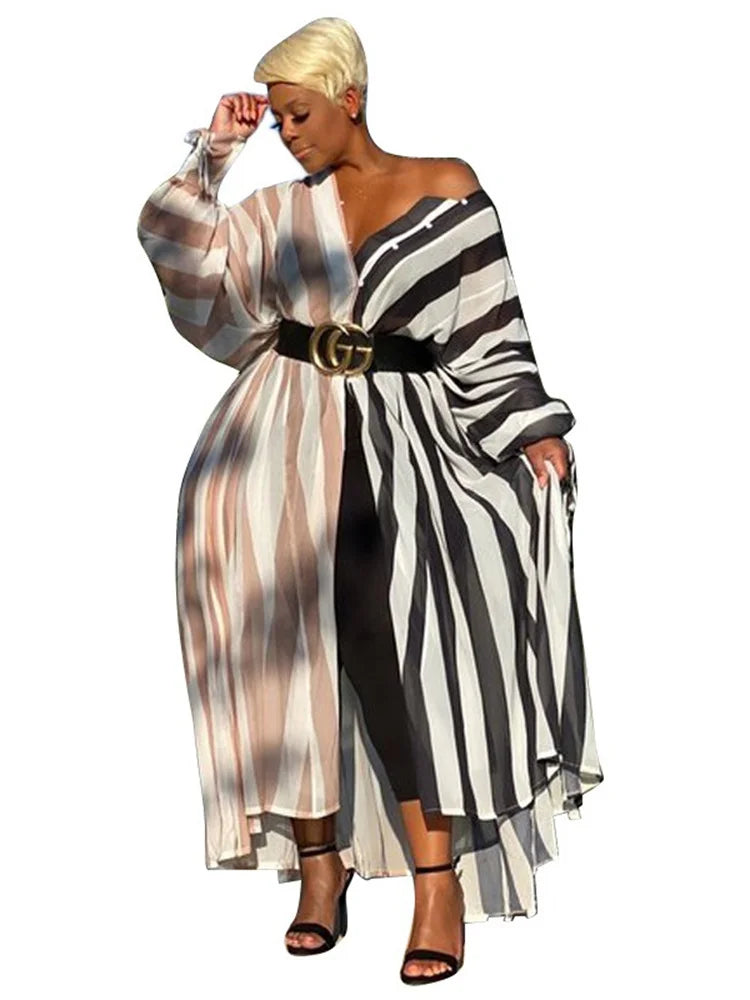 Kemi Striped Loose Button Long Sleeve Maxi Shirts Dress