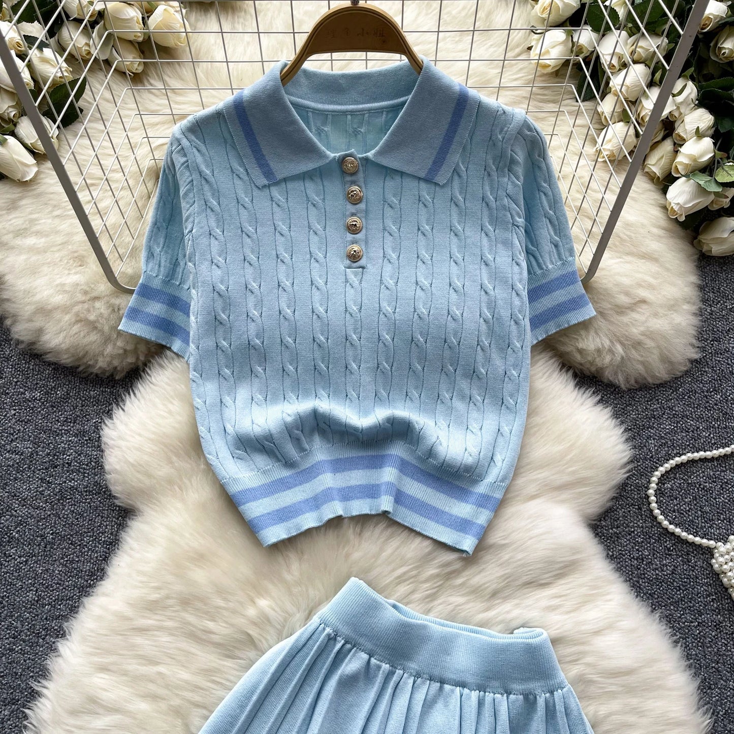 Newest Knitting Two Pieces Sets Button Vintage Basic Tops + High Waist Pleated Skirt Women Fashion 2pcs Suits