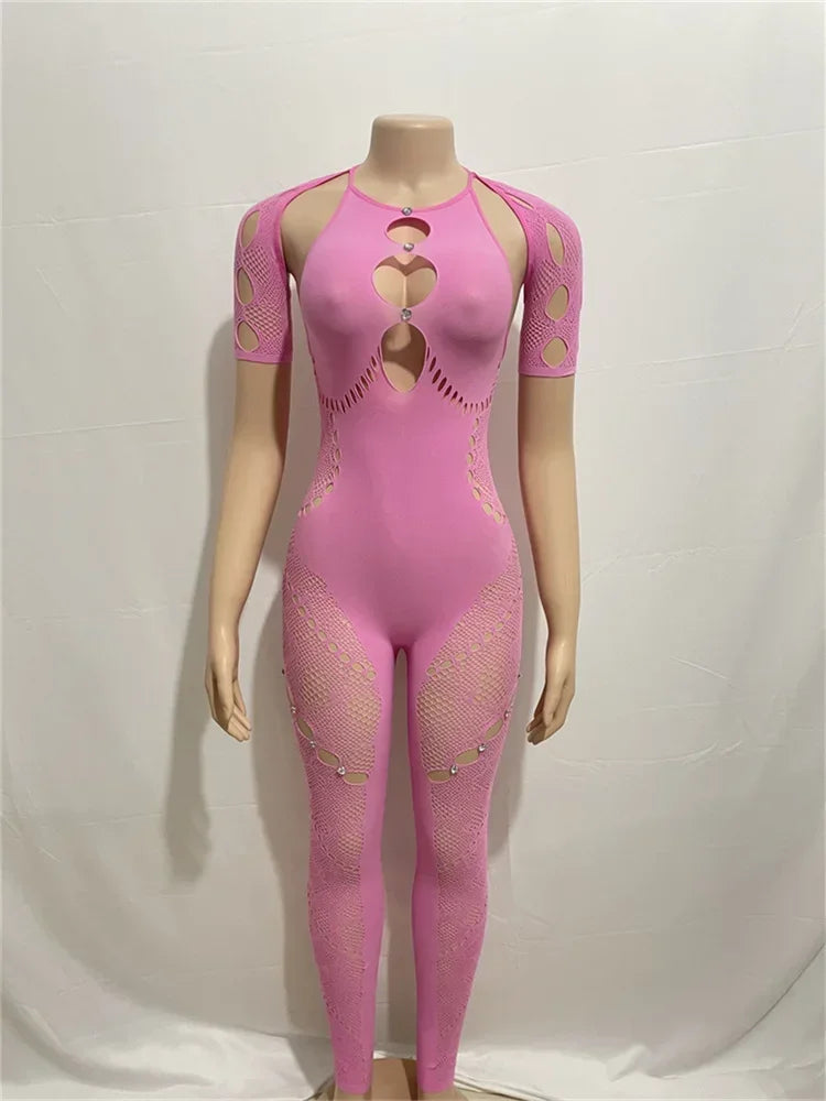 Sanaa Skinny Pink Mesh See Though One-piece Overalls