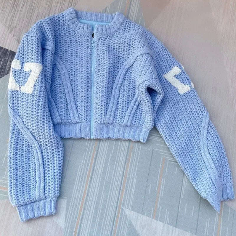 Knitted Zipper Letter Cropped Cardigan + Shorts Sets(2pcs.)