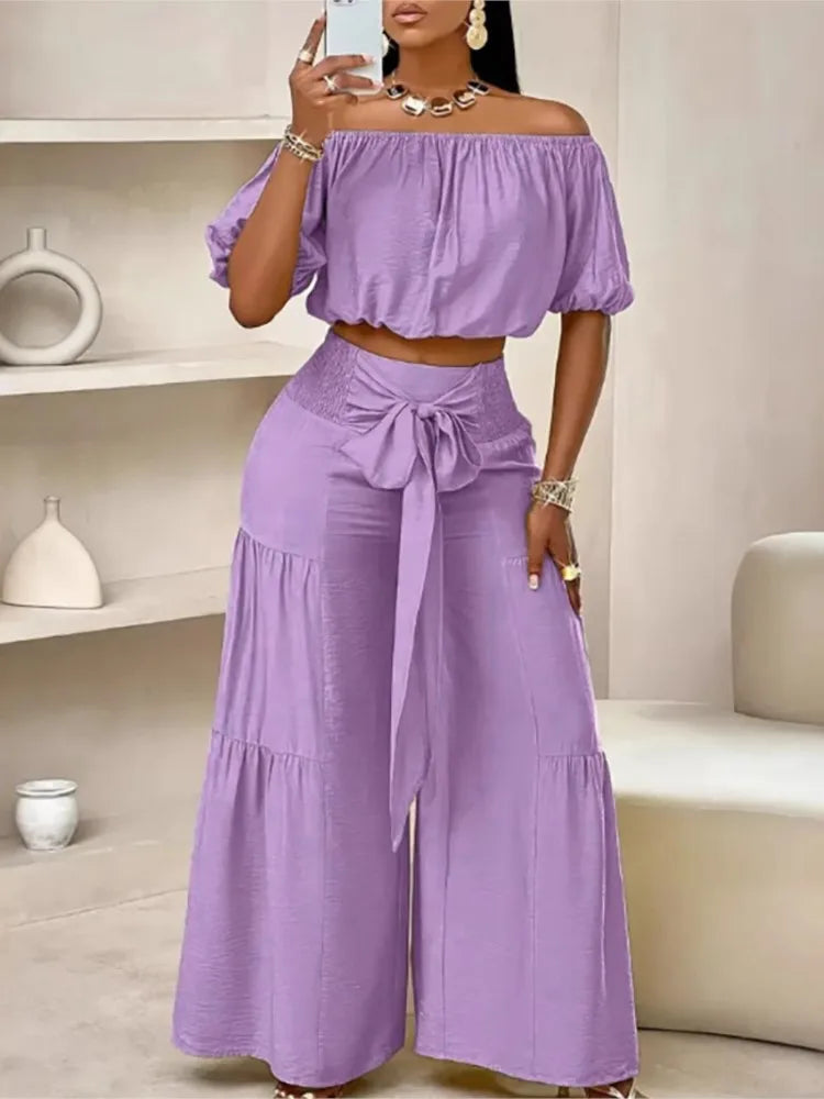 Puff Sleeve O Neck Tops + High Waist Wide Leg Pants (2 Pcs.)