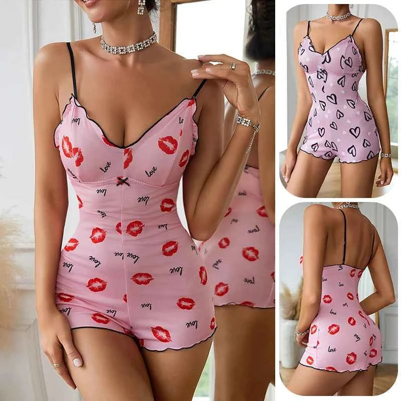 One Piece Red Lip Printed Sleeveless Night Onsie