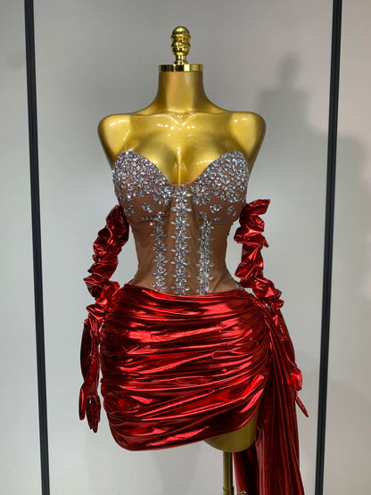 Sparkly Diamonds See Through Mini Dress + Gloves