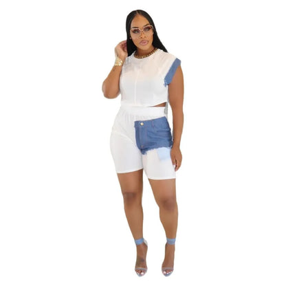 Patchwork T-shirt + Shorts Active Two Piece Sets