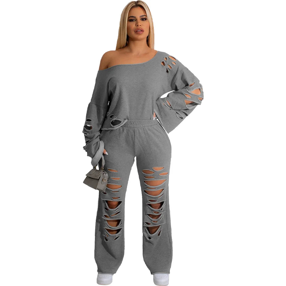 Oliva's Round Neck Pullover Hole Solid Pant Sets