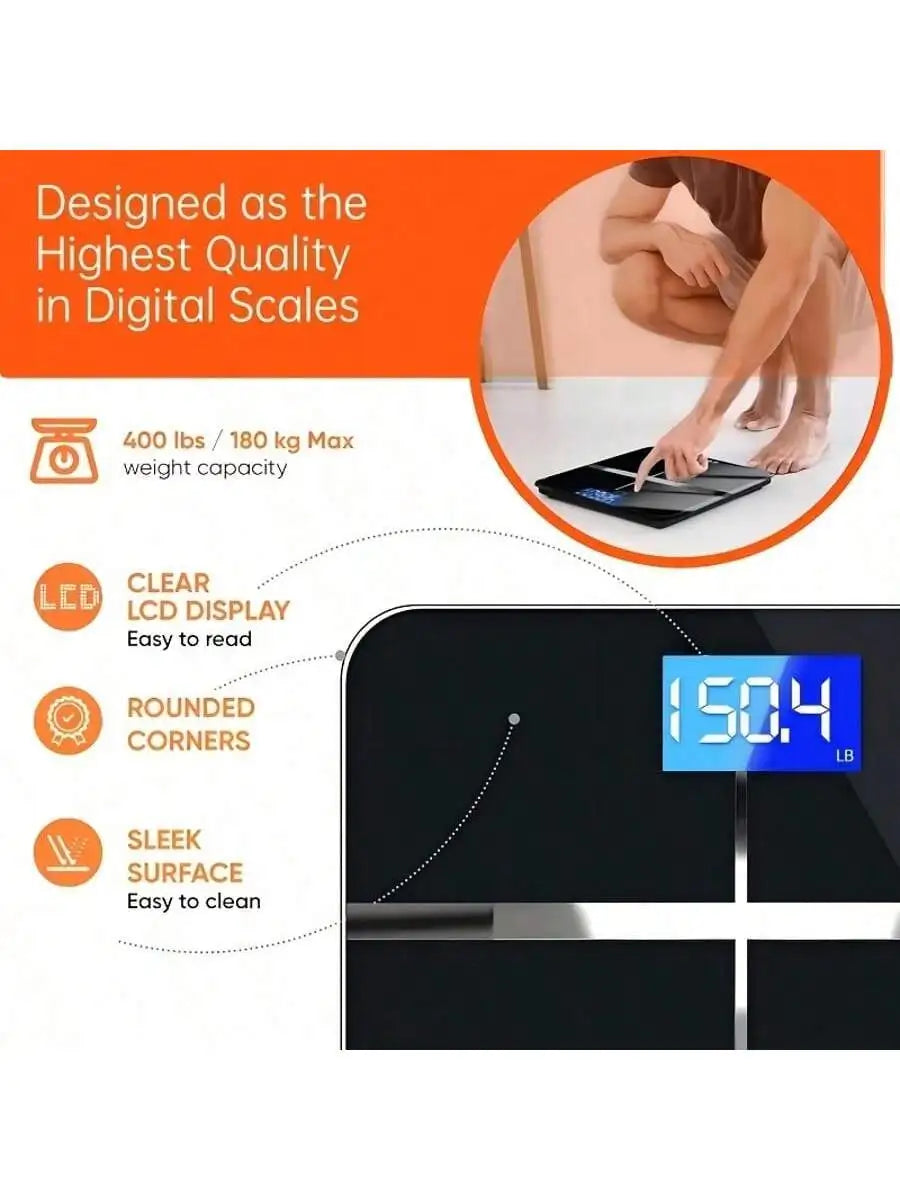 Smart Multi-Function Body Fat & Weight Bathroom Scale with Tempered Glass Wide Platform, 390lbs. For Home, Fitness, Outdoor