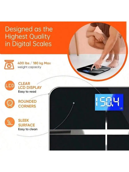 Smart Multi-Function Body Fat & Weight Bathroom Scale with Tempered Glass Wide Platform, 390lbs. For Home, Fitness, Outdoor