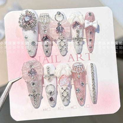10Pcs Luxury Court Handmade Long Stiletto Full Cover Nails 3D Spice Girl Sparkling Diamond Bow Pearl Flowers Wearable Fake Nails