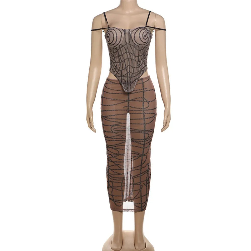 Brown Sexy Mesh Perspective Skinny Skirts Two Piece Sets