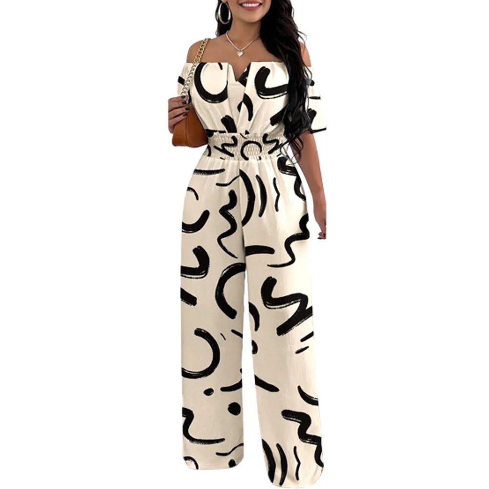 Fashion Off Shoulder Casual Plain Short Sleeve Shirred Waist Daily Long Wide Leg Jumpsuit