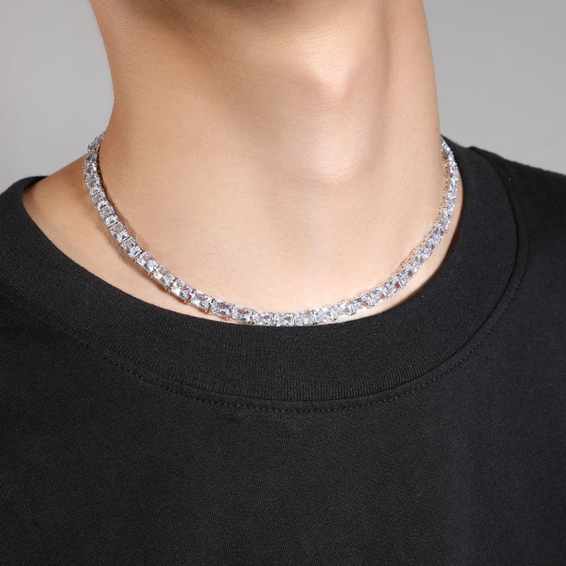 1 Row Square CZ Stone Tennis Link Chain Choker Necklace (Unisex)