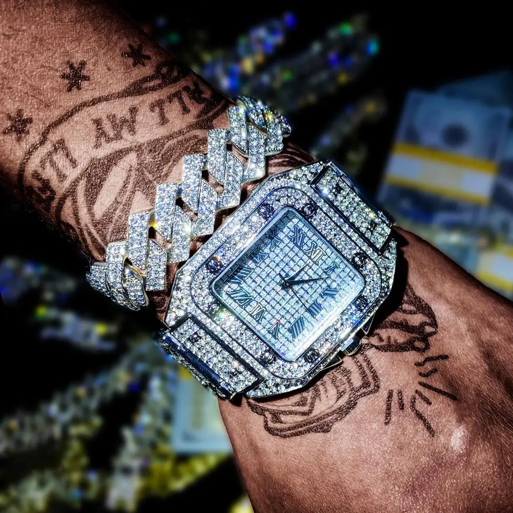 3pcs Set Hip-hop Punk Inlay Diamond Square Watch+Cuban Chain+Bracelet Comes With Strap Adjuster Stylish Jewelry