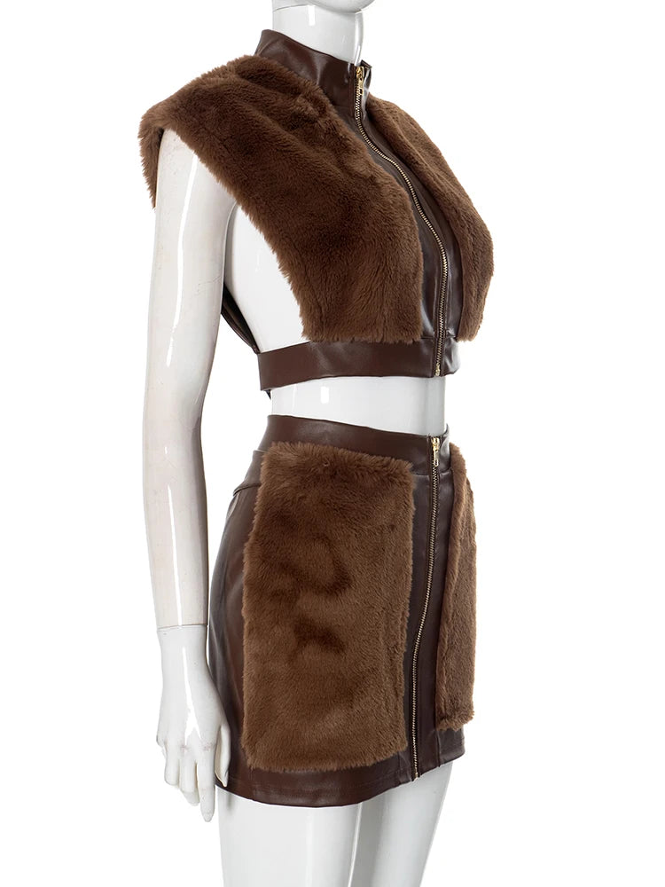 Crop Jacket + Elastic Zipper Waist Mini Skirt Sets