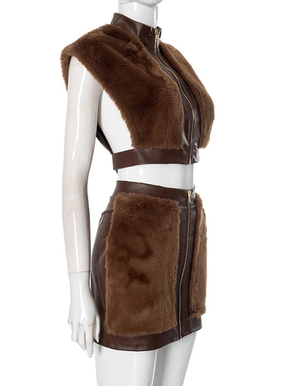 Crop Jacket + Elastic Zipper Waist Mini Skirt Sets