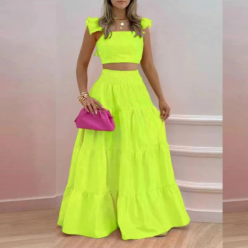 Solid Color Large Swing Skirt + Short Sleeved Square Neck Top (2pcs)