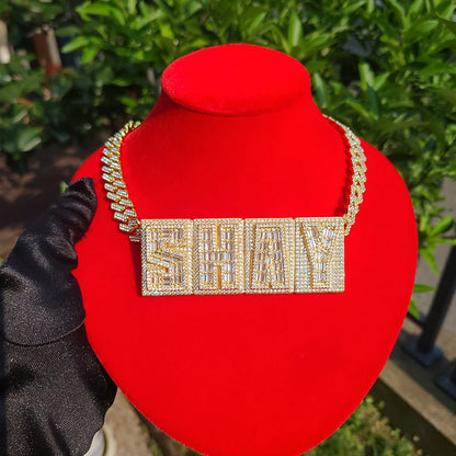 Square Letters Cubic Zircon Name Necklace Personalized Nameplate With Rhinestone Cuban Chain Jewelry