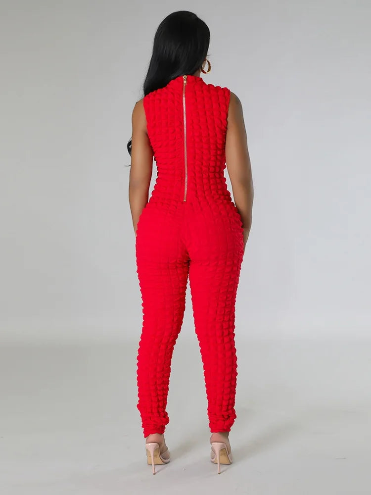 Sleeveless Popcorn Bubble Fabric Front Zipper Jumpsuits