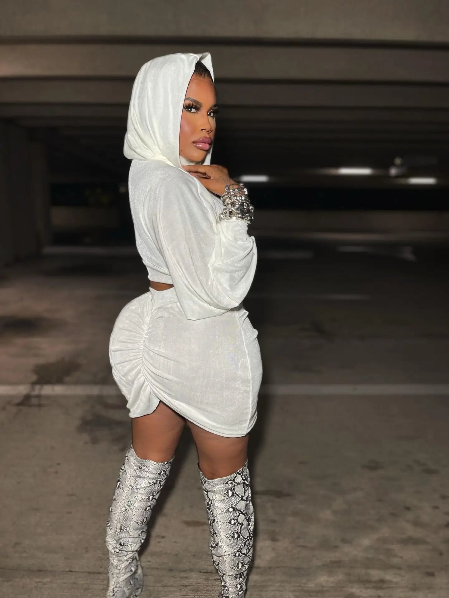 Lantern Sleeve Hooded Pullover Top + Ruched Bodycon Mini Skirt Set