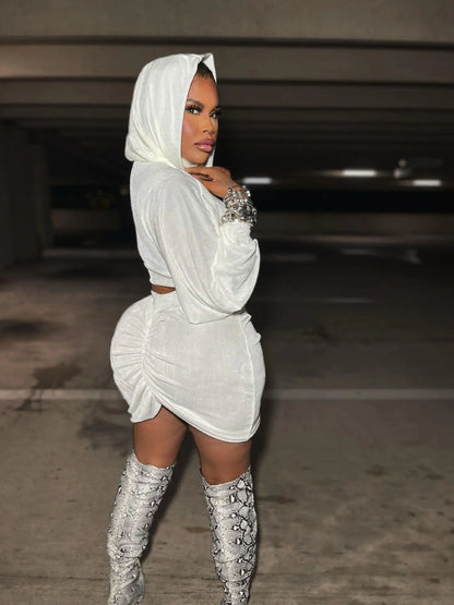 Lantern Sleeve Hooded Pullover Top + Ruched Bodycon Mini Skirt Set