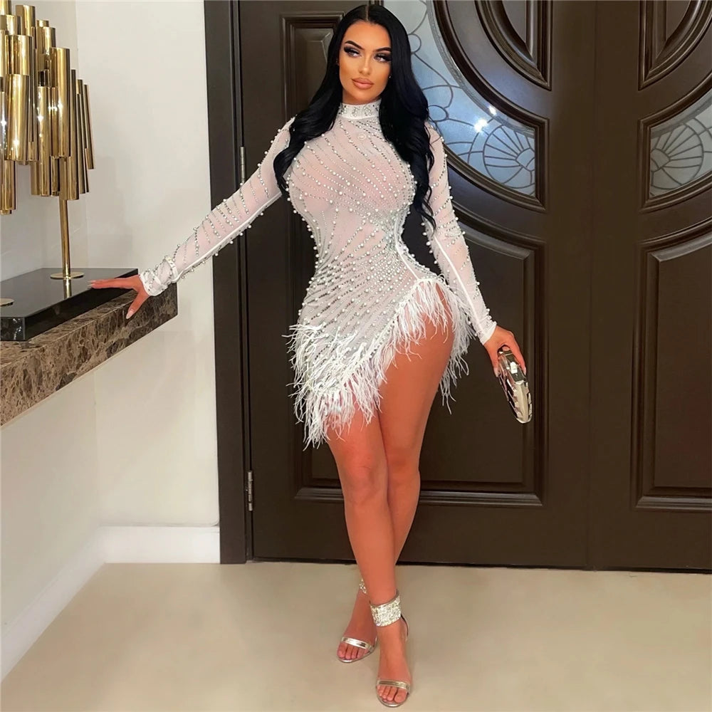 iDress Sexy Pearls Rhinestone Party Dresses Women Elegant Nightclub Feather Birthday Dress Long Sleeve Mesh Sheer Bodycon Dress