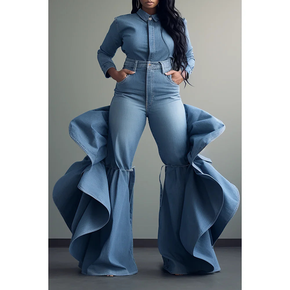 Yazzmin Blue High Waist Ruffle Flared Pants