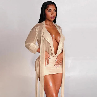 Tassel Patchwork 2 Piece Sets Women Outfit See Through Long Sleeve Crop Top + Skirt Suits Female Streetwear New