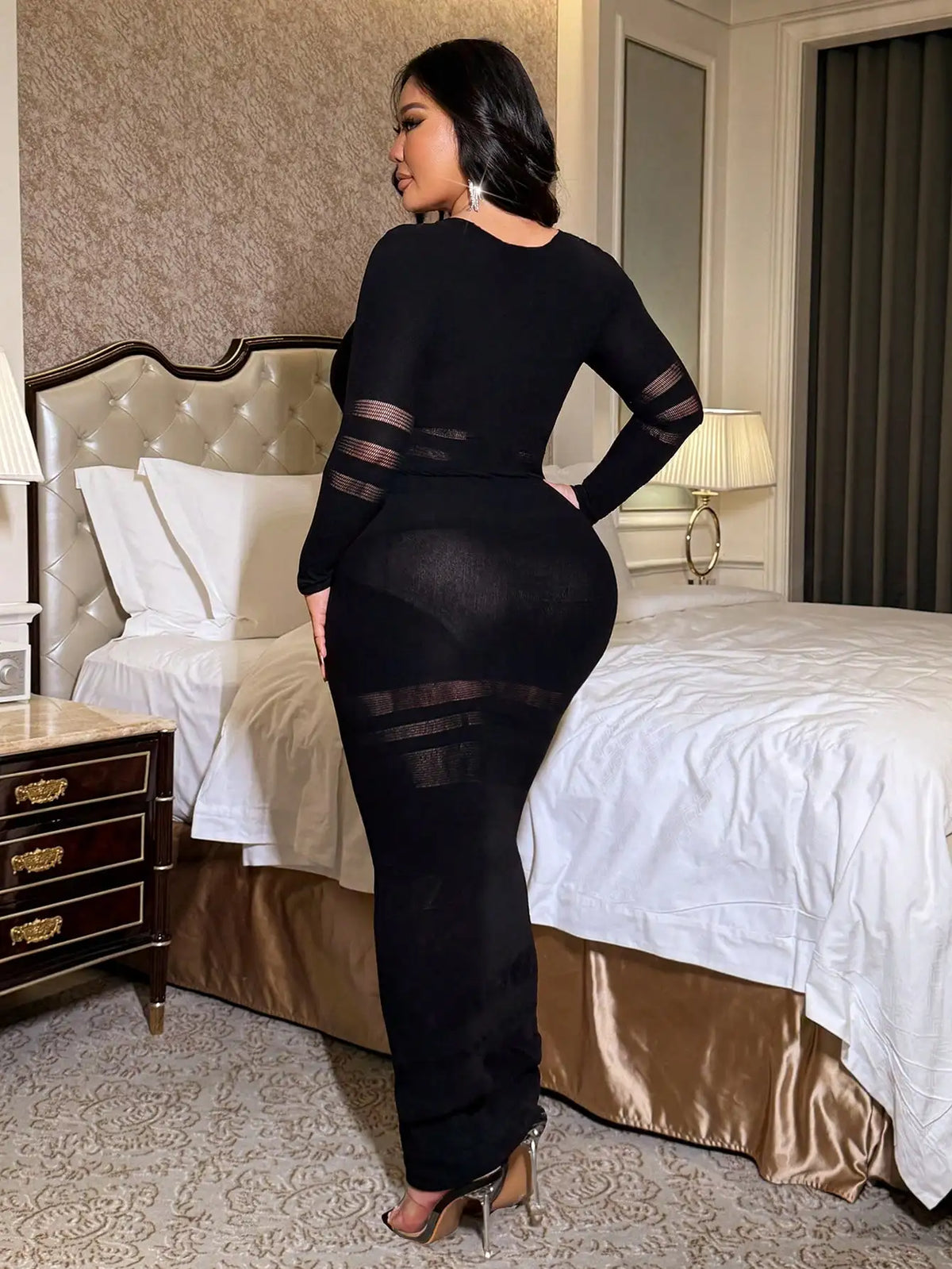 Long Sleeve Midi Dress Sheer Mesh Stripe Pattern Patchwork Bodycon Dresses