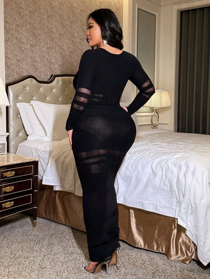 Long Sleeve Midi Dress Sheer Mesh Stripe Pattern Patchwork Bodycon Dresses