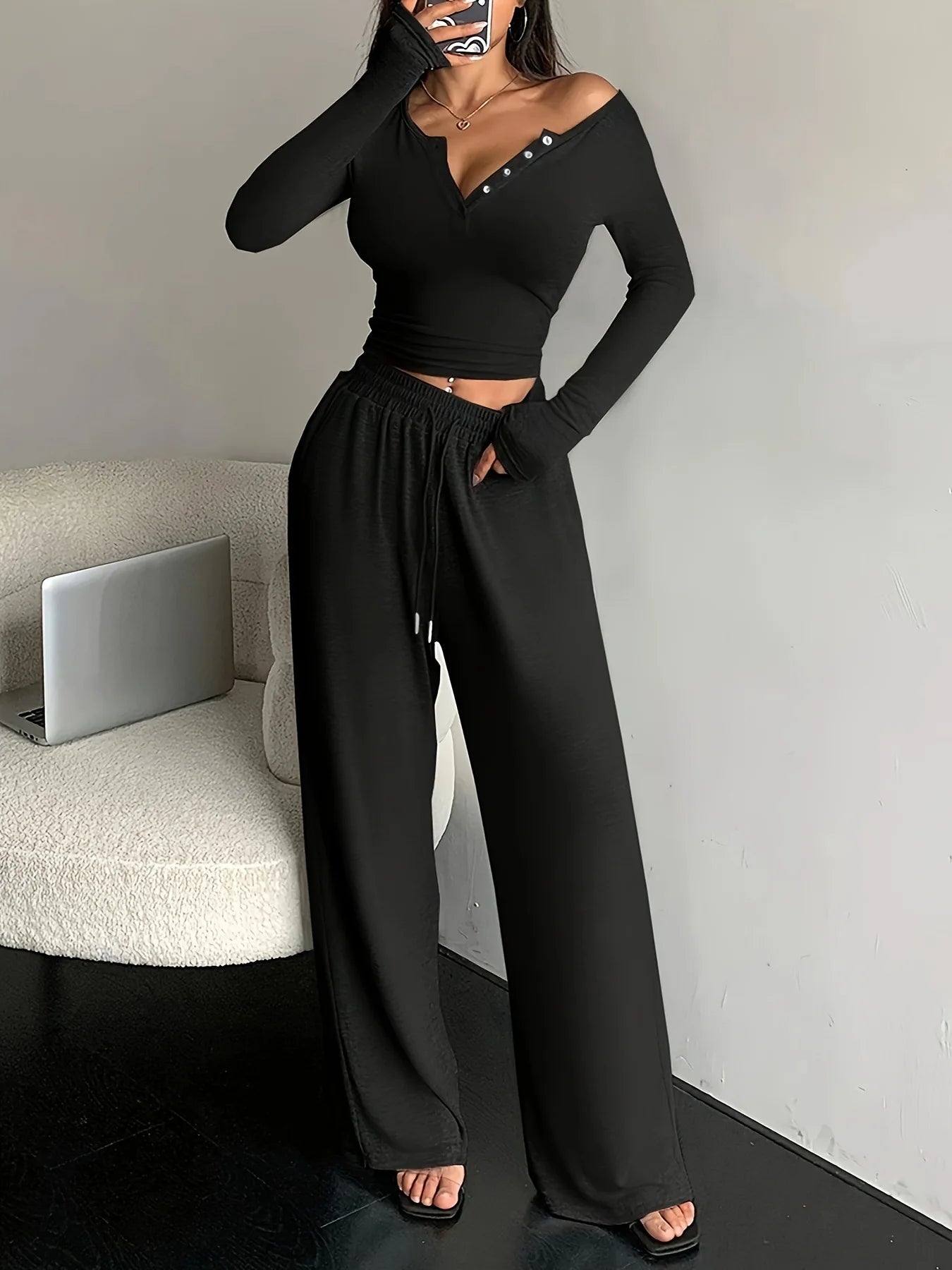 Long Sleeve Button Solid Color Top + Trousers Two Piece Sets