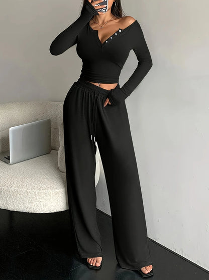 Long Sleeve Button Solid Color Top + Trousers Two Piece Sets