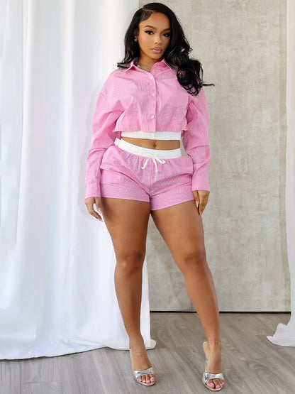 Stripe Single-Breasted Blouse+Drawstring Short Sets