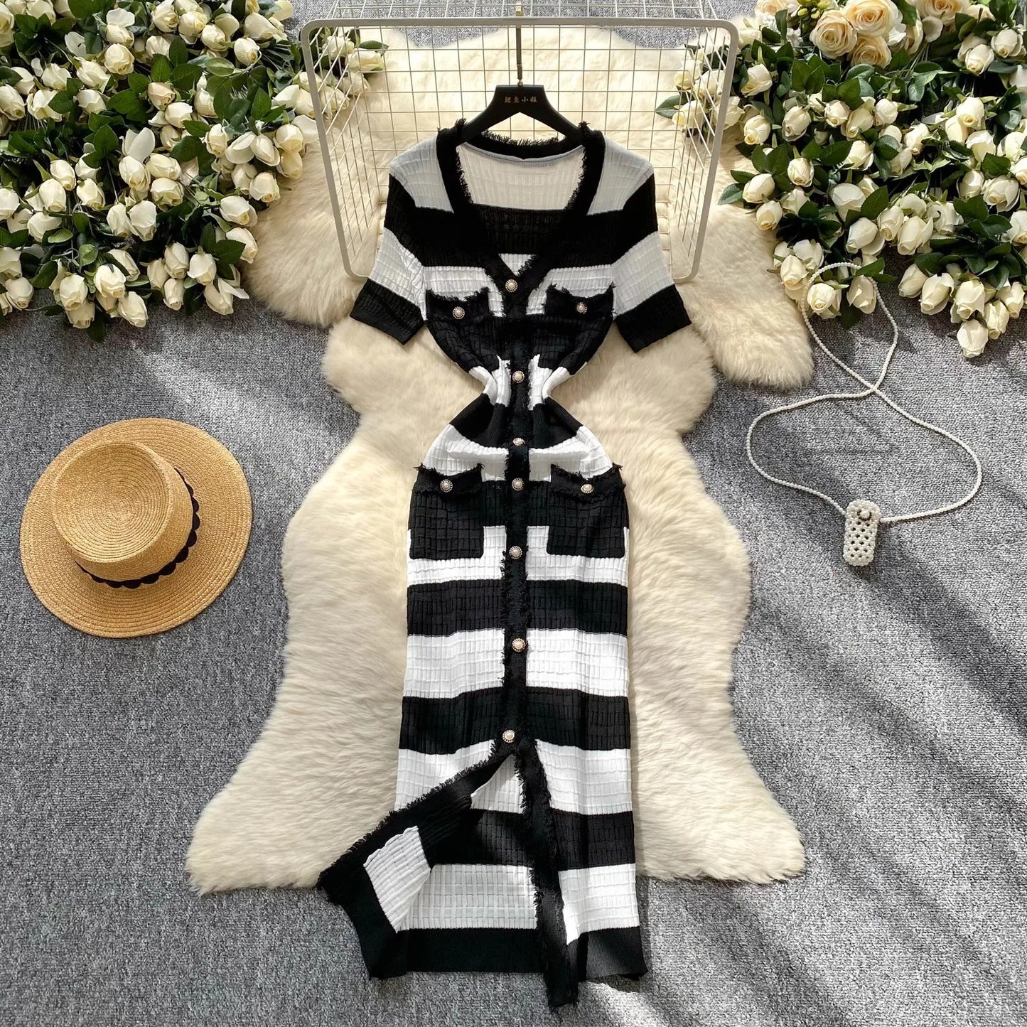 Chic Knitted Slim Waist Office Lady Sweater Maxi Dresses