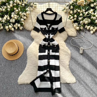 Chic Knitted Slim Waist Office Lady Sweater Maxi Dresses