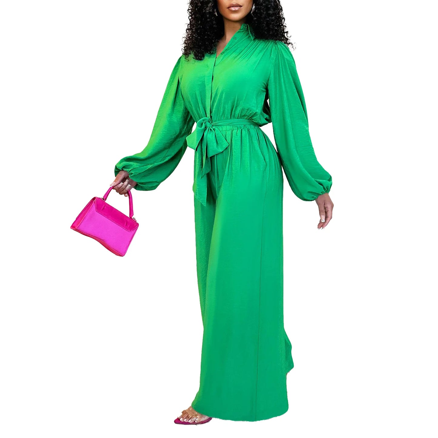 Rita's Elegant Long Sleeve V-neck Jumpsuit (Green Red Blue)